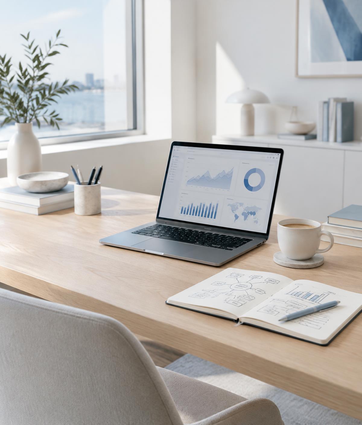 A calm, modern workspace with marketing analytics on a laptop and strategy notes